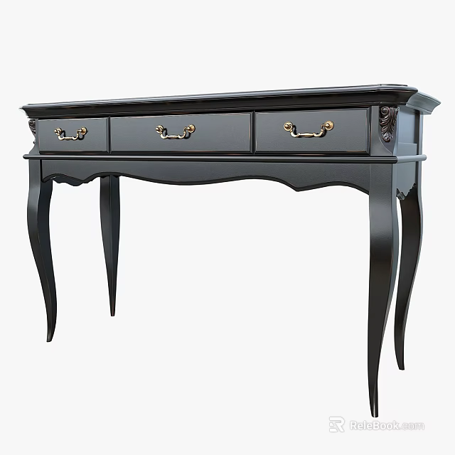 Black Antique Style Console Table With Three Drawers Gold Handles Curved Legs 3d model 
