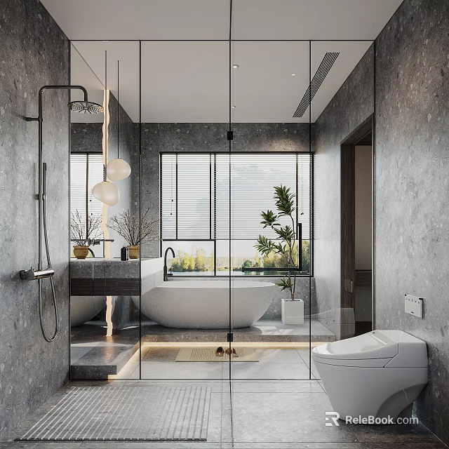 Modern Bathroom Interior With Glass Partition Freestanding Bathtub Toilet Vanity Plants And Window Blinds 3d model 