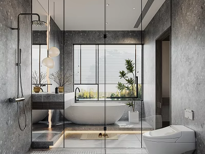 Modern Bathroom Interior With Glass Partition Freestanding Bathtub Toilet Vanity Plants And Window Blinds 3d model