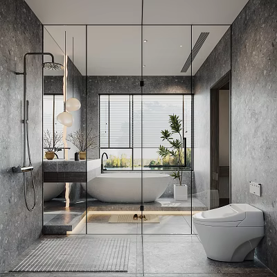 Modern Bathroom Interior With Glass Partition Freestanding Bathtub Toilet Vanity Plants And Window Blinds 3d model
