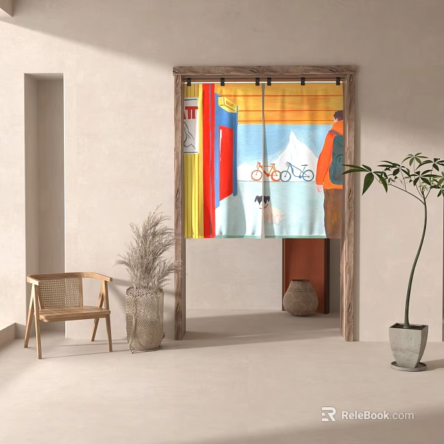 Colorful Artistic Pattern Curtain In Indoor Setting With Wooden Frame And Plants 3d model 