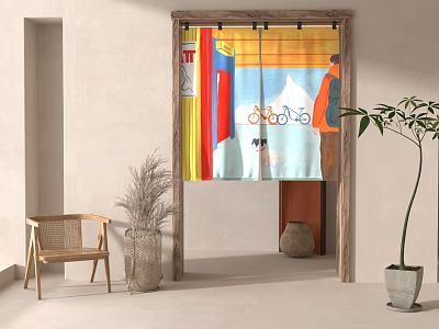 Colorful Artistic Pattern Curtain In Indoor Setting With Wooden Frame And Plants 3d model