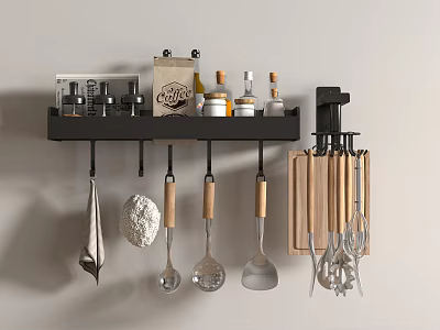 Wall Mounted Black Kitchen Shelf With Spice Bottles Coffee Bag And Hanging Utensils 3d model