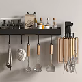 Wall Mounted Black Kitchen Shelf With Spice Bottles Coffee Bag And Hanging Utensils