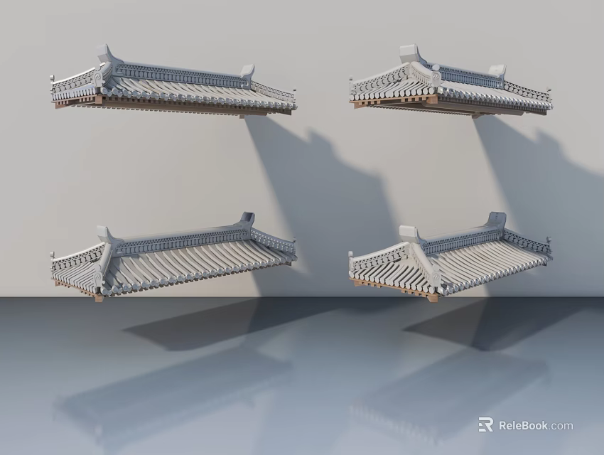 Traditional Chinese Sofa Coffee Table Set With Eave Design Tile Pattern And Reflective Surface 3d model 