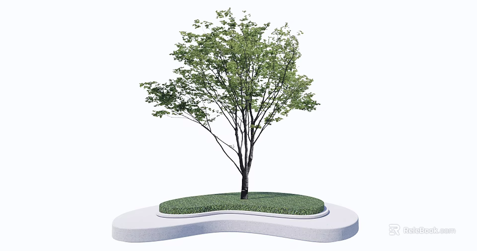 Simple Modern Tree Pit Design With Green Grass And Single Tree On White Curved Base 3d model 