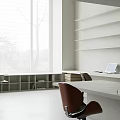 Open Public Office Space With White Structure Staircase Bookshelves Red Chair And Arched Ceiling
