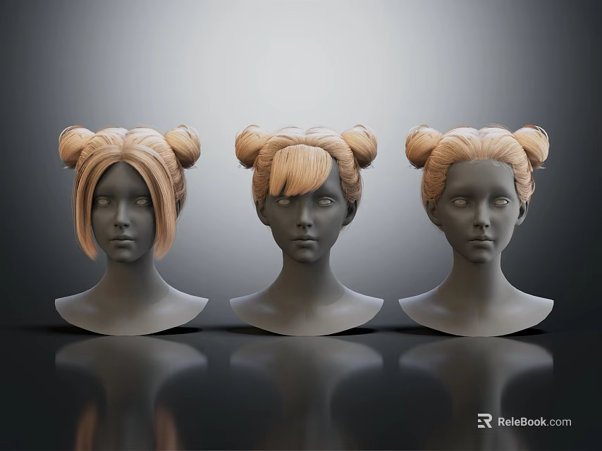 Three Female Head Models With Blonde Bun Hairstyles And Different Bangs 3d model 
