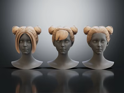 Three Female Head Models With Blonde Bun Hairstyles And Different Bangs 3d model