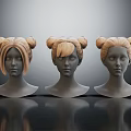 Three Female Head Models With Blonde Bun Hairstyles And Different Bangs