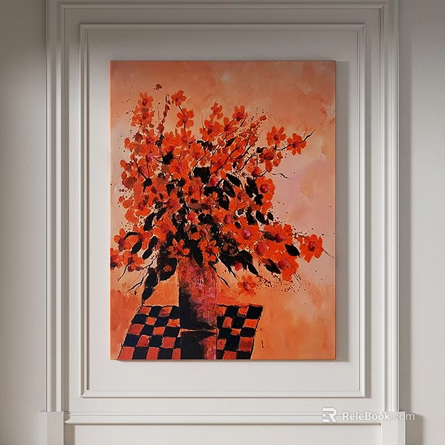 Oil Painting Orange Flowers in Vase on Black and White Checkered Tabletop with Orange Background 3d model 