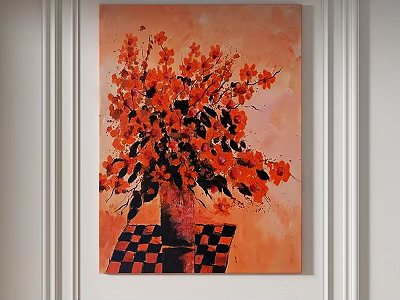Oil Painting Orange Flowers in Vase on Black and White Checkered Tabletop with Orange Background 3d model