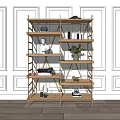 Stylish Wooden Shelving Unit With Books Decorative Statue Green Plant Against White Wall Wooden Floor