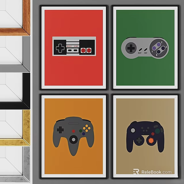 Retro Gaming Controllers Picture Frames with Colorful Backgrounds Wall Decor 3d model