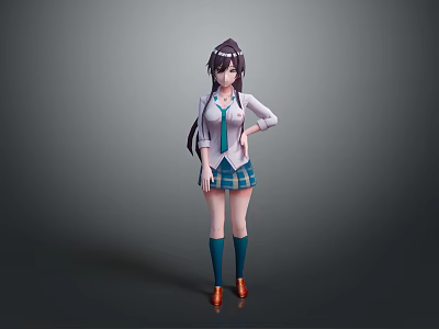 3D Anime School Girl Character With Long Hair White Blouse Blue Plaid Skirt Green Socks 3d model