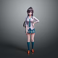 3D Anime School Girl Character With Long Hair White Blouse Blue Plaid Skirt Green Socks