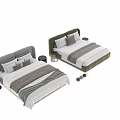 Modern Upholstered Double Bed with Soft Pillows Striped Blanket and Wooden Nightstand