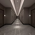 Modern Hotel Corridor with Marble Flooring Wooden Doors and Ceiling Strip Lights