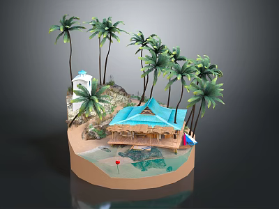 Cartoon Island Scene With Blue Roof Cottage Palm Trees And Water Area 3d model