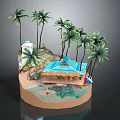 Cartoon Island Scene With Blue Roof Cottage Palm Trees And Water Area