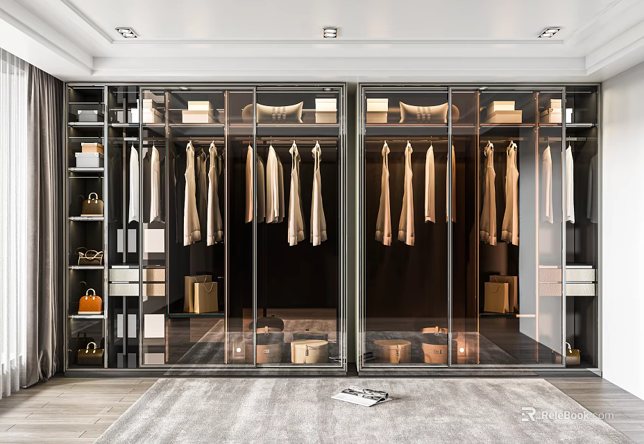 Modern Wardrobe Interior Design With Glass Doors Hanging Rails And Storage Drawers 3d model 