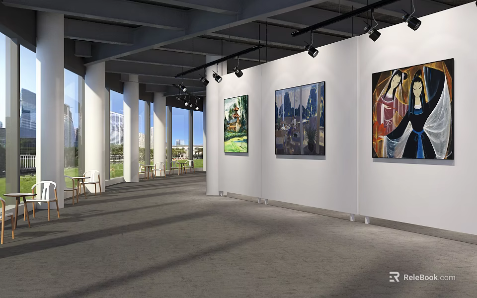 Spacious Art Gallery Interior With Paintings Large Windows And Wooden Chairs 3d model 
