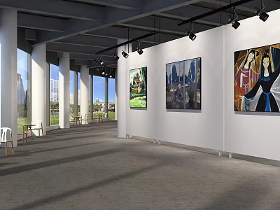 Spacious Art Gallery Interior With Paintings Large Windows And Wooden Chairs 3d model
