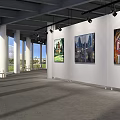 Spacious Art Gallery Interior With Paintings Large Windows And Wooden Chairs