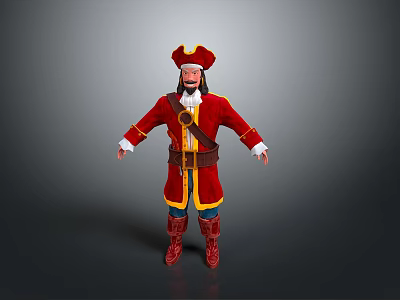 Man In Red Pirate Costume With Yellow Trim Hat Brown Belt And Boots 3d model