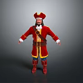 Man In Red Pirate Costume With Yellow Trim Hat Brown Belt And Boots