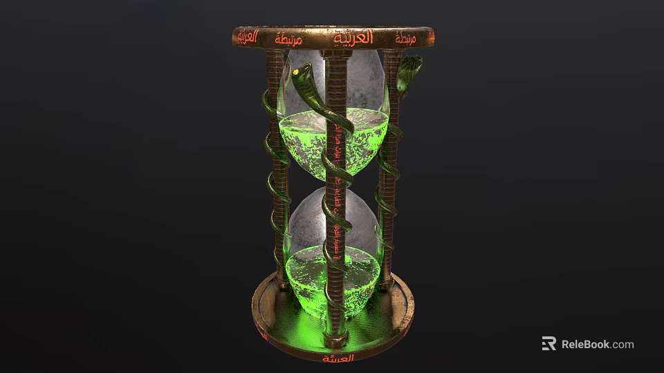 Vintage Decorative Ornament Set With Green Liquid Hourglass And Snake Design Metal Frame 3d model 