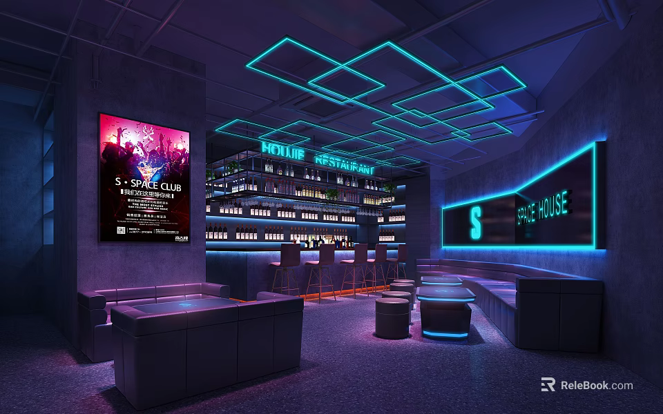 Modern Bar Interior With Neon Lights Bar Counter Seating Area And Wine Racks 3d model 