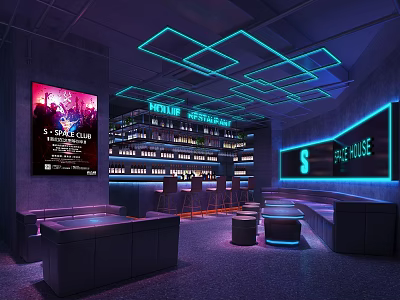 Modern Bar Interior With Neon Lights Bar Counter Seating Area And Wine Racks 3d model