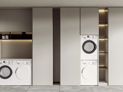 Modern Bathroom Cabinet Rack with White Washer Dryer and Gray Storage Cabinets 3d model