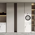Modern Bathroom Cabinet Rack with White Washer Dryer and Gray Storage Cabinets