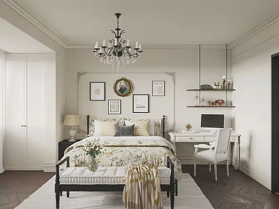 Modern Elegant White Bedroom Interior With Chandelier Bed Dressing Table Framed Wall Art And Bench 3d model