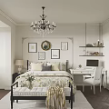 Modern Elegant White Bedroom Interior With Chandelier Bed Dressing Table Framed Wall Art And Bench
