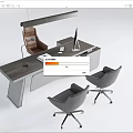 Modern Office Desk With Wooden Tabletop White Drawers Two Gray Chairs Hanging Lamp And Laptop