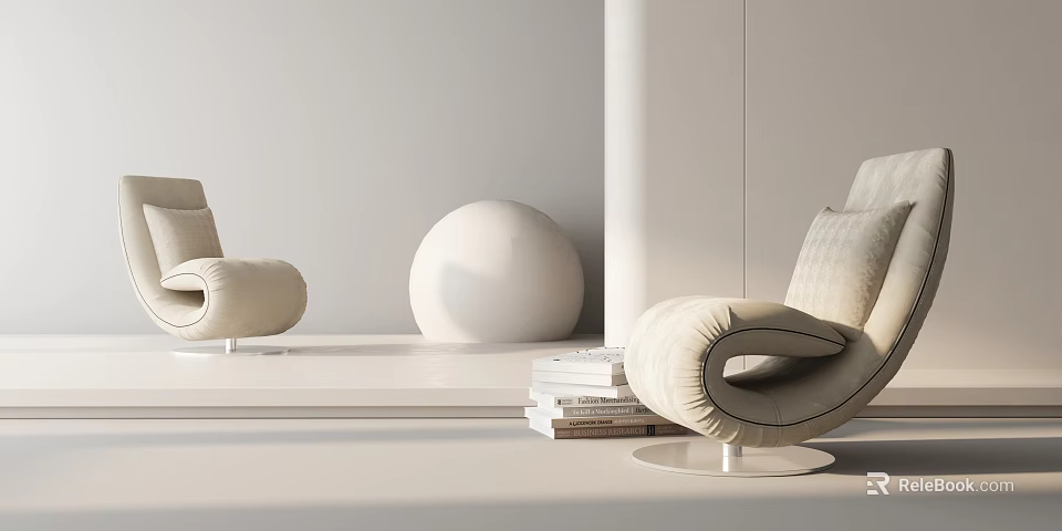 Modern Light Beige Single Sofa With Round Decor And Stacked Books In Minimalist Interior 3d model 