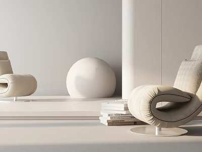 Modern Light Beige Single Sofa With Round Decor And Stacked Books In Minimalist Interior 3d model