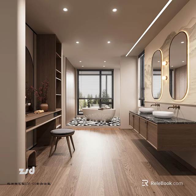 Modern Bathroom Interior With Wooden Cabinets Double Sinks Round Mirrors Bathtub And Natural Light 3d model 