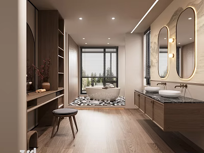 Modern Bathroom Interior With Wooden Cabinets Double Sinks Round Mirrors Bathtub And Natural Light 3d model