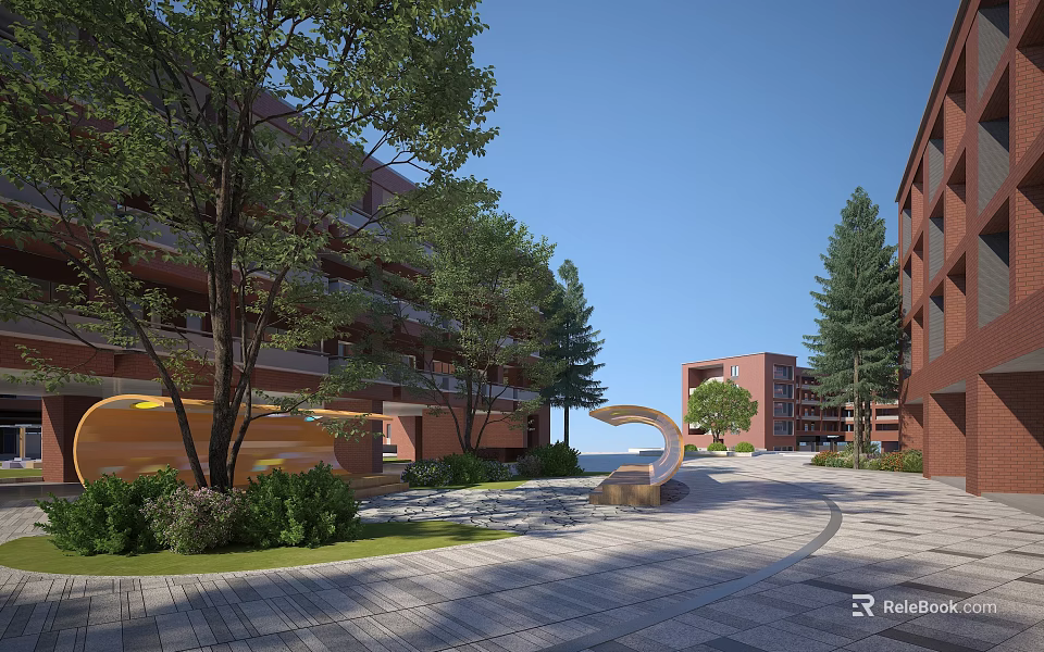 Beautiful Campus Landscape With Red Brick Buildings Trees Curved Pathway Lawns And Artistic Sculptures 3d model 
