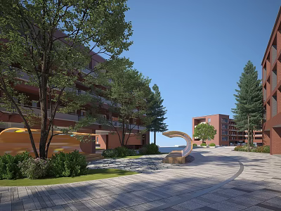 Beautiful Campus Landscape With Red Brick Buildings Trees Curved Pathway Lawns And Artistic Sculptures 3d model