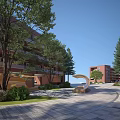 Beautiful Campus Landscape With Red Brick Buildings Trees Curved Pathway Lawns And Artistic Sculptures