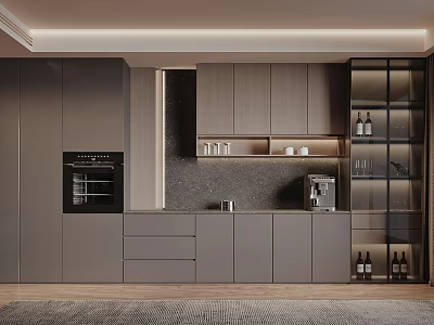 Modern Gray Sideboard Kitchen Interior With Storage Cabinets And Coffee Machine 3d model