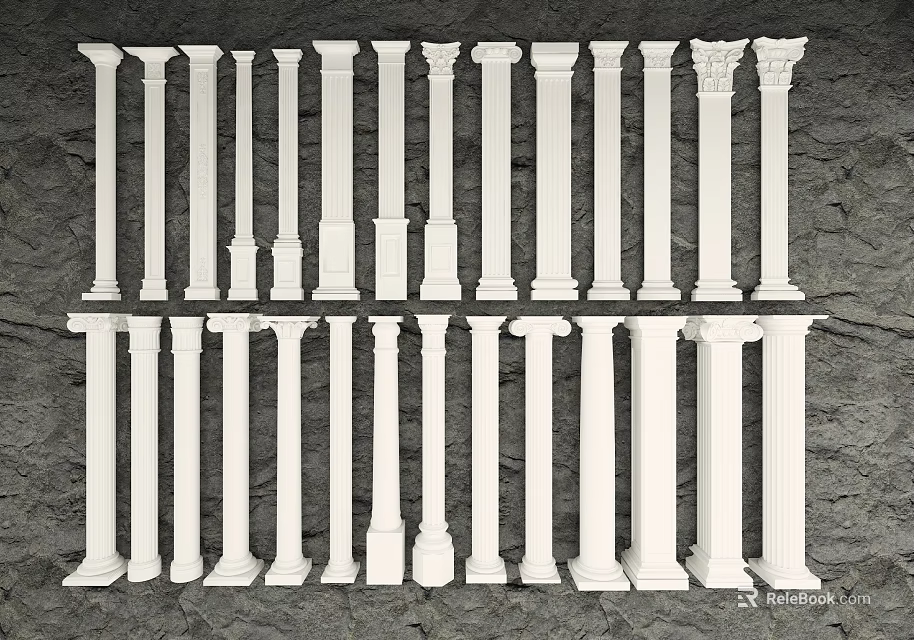 White Roman Columns with Various Styles and Heights on Gray Background 3d model 