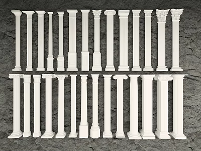 White Roman Columns with Various Styles and Heights on Gray Background 3d model