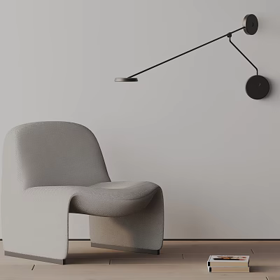 Light Gray Lounge Chair With Black Floor Lamp Against Light Colored Wall And Wooden Floor 3d model