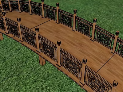 Municipal Road Wooden Pedestrian Walkway With Carved Railings And Green Grass 3d model